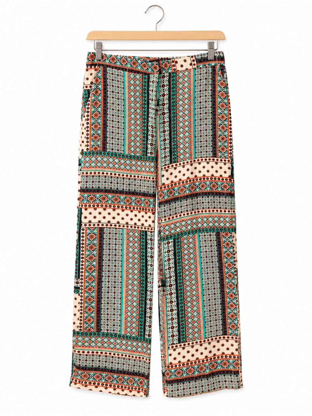Zara Cream, Teal & Rust Patterned Wide-Leg Pants